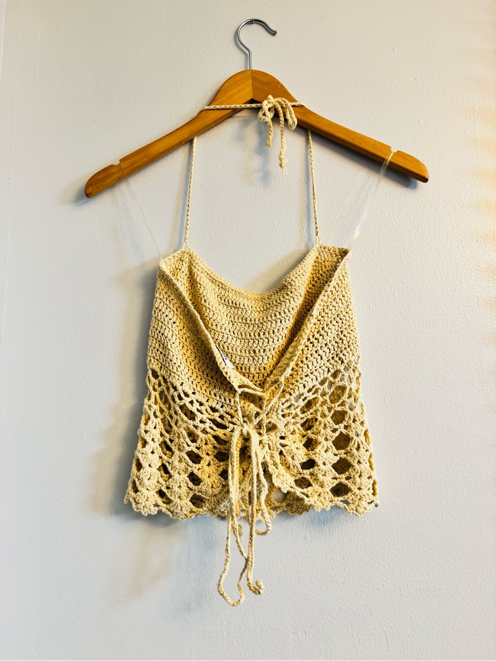 Tic Toc LA Crochet Open Weave Halter Crop Top Cream Ivory Boho Festival Medium - Picture 2 of 4